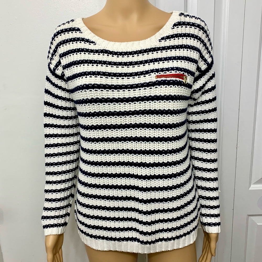 Tommy Hilfiger Navy and White Striped Crewneck Knit Sweater size S